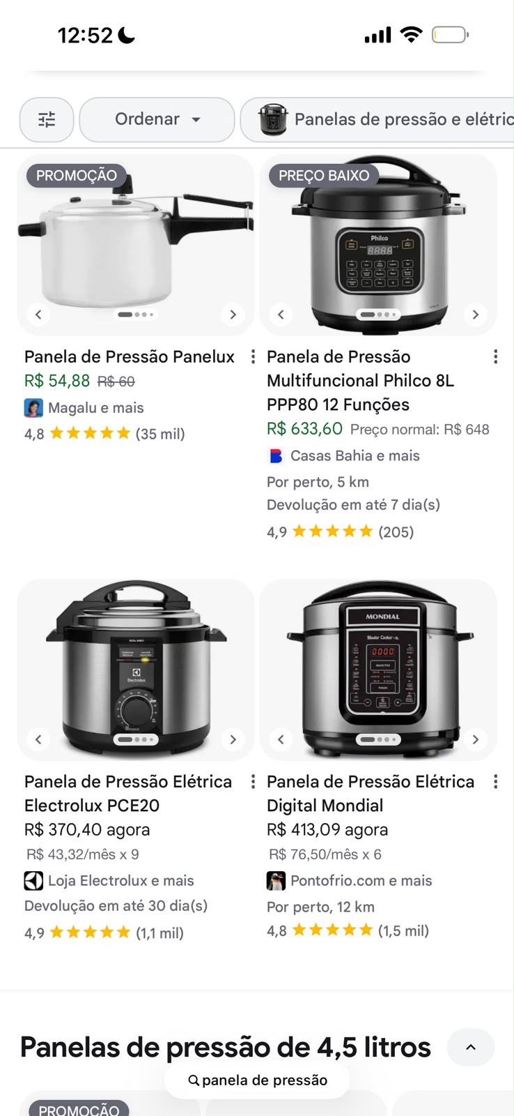 Print do Google Shopping com panelas de pressão em várias lojas