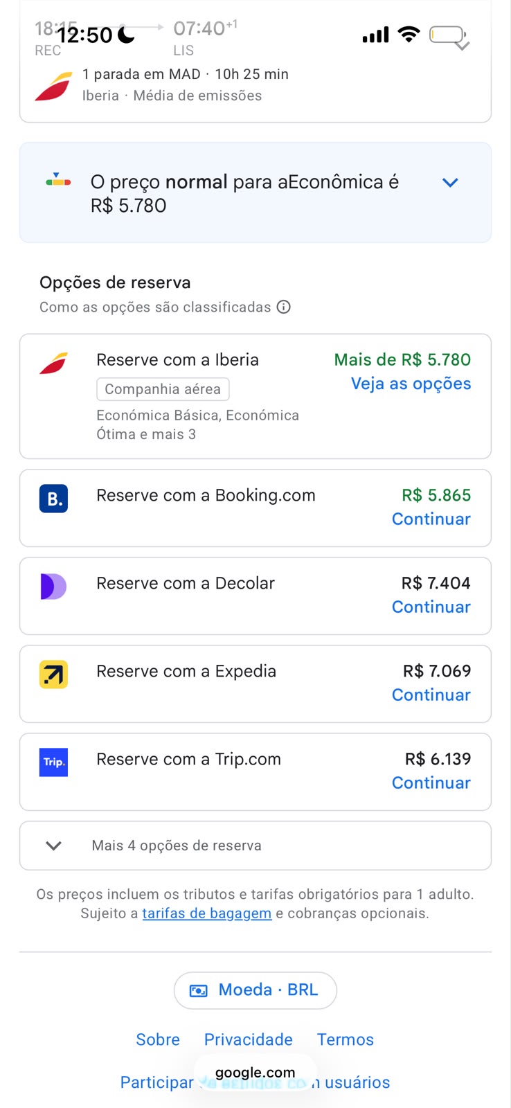 Print do Google Voos, Recife a Lisboa, várias opções de reserva